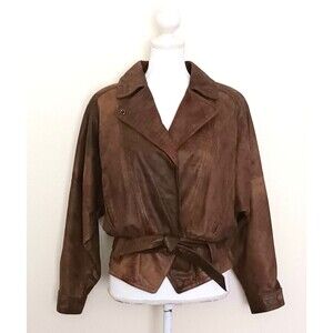 VTG 80s Winlit Brown Leather Crop Jacket Distressed Belted Shoulder Pads Sz S/M